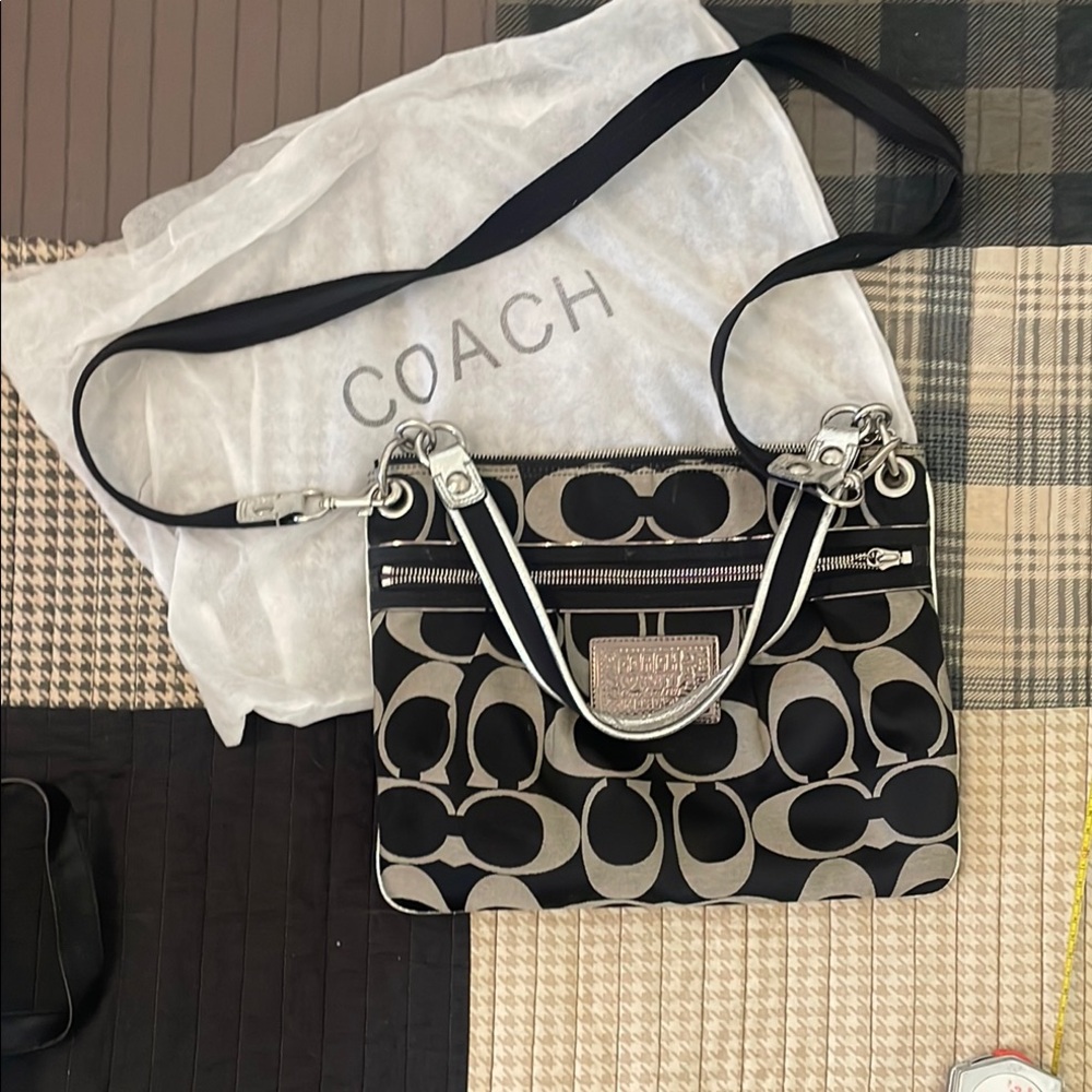 Coach Black and Gray Shoulder Bag with Signature Pattern